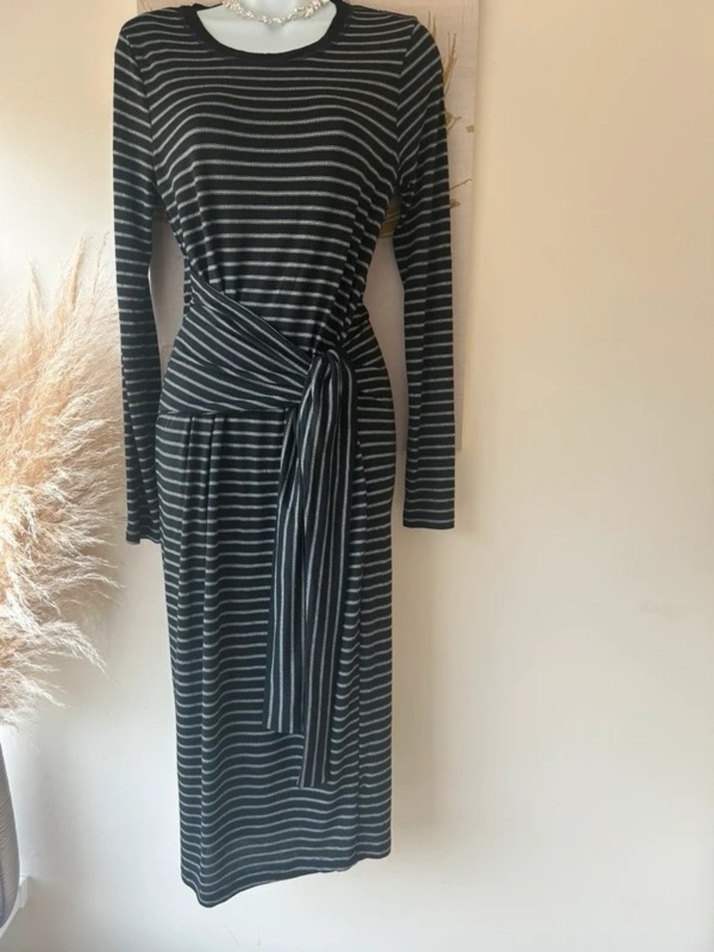 Striped Black and Gray Long-Sleeve Tie-Waist Midi Dress